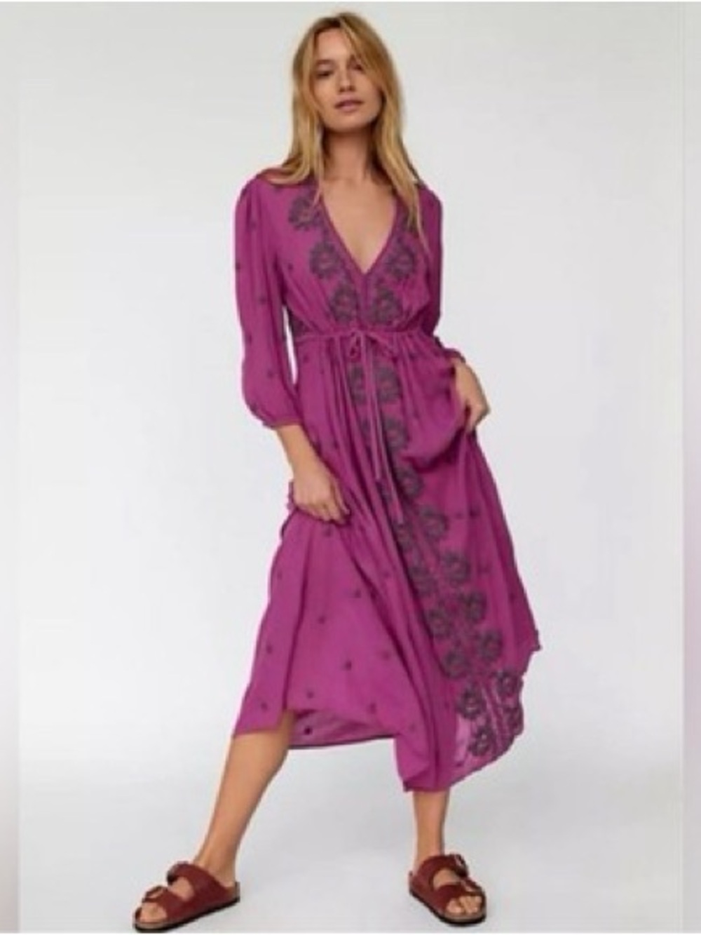 Free People Fable Embroidered V-Neck Midi Dress